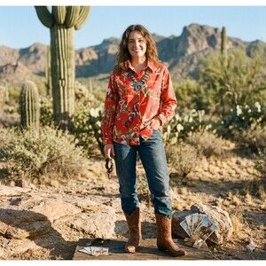 Women’s 1XL Retro Western 1940s Cowgirl Pinup Rodeo Print Button Up Shirt Red